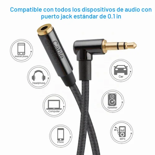 Vista 5 de CableCreation Cable de extensión de auriculares de 3.5mm 1.5 pies/0.45 m, cable estéreo de audio de ángulo recto de 3.5mm con cobre plateado
