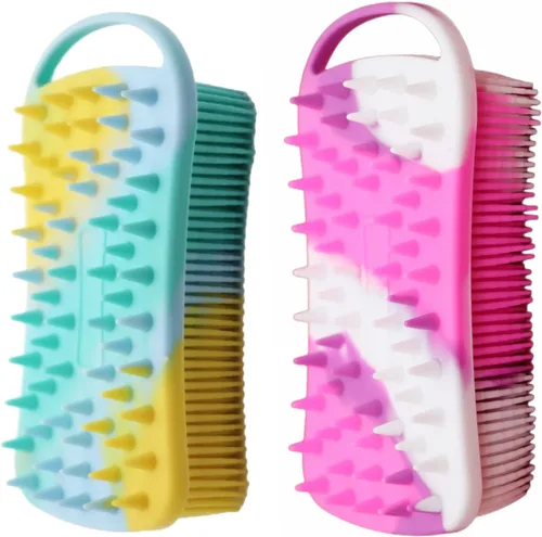 Vista 12 de Paquete de 2 exfoliantes corporales de silicona de doble cara para exfoliación, ducha y masaje del cuero cabelludo, cepillo 2 en 1 para baño