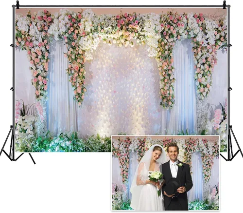 Vista 3 de Telón de fondo floral de boda de 5 x 3 pies, cortina de escenario blanco, rosa rosa, fondo de fotografía para despedida de soltera, boda, fiesta