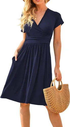 Vista 4 de Vestido de verano floral para mujer, cuello en V, bohemio, con volantes, manga con volantes, vestido de lunares suizos, con cinturón, acampanado
