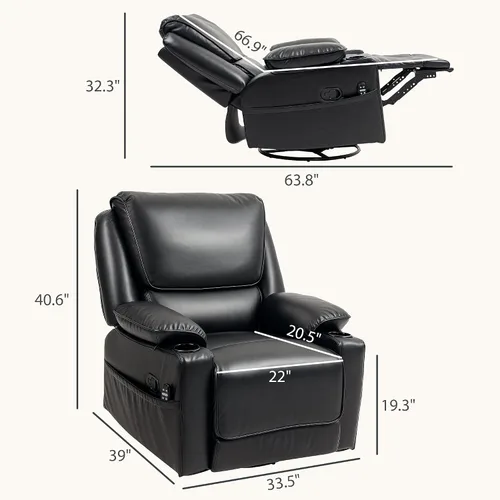 Vista 2 de HOMCOM Silla reclinable giratoria con masaje por vibración y calor, silla ergonómica de gran tamaño con piel sintética, control remoto, reposapiés