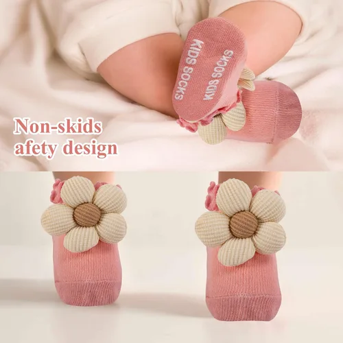 Vista 3 de Juego de 10 pares de calcetines para bebé con agarres antideslizantes, diseño de flores 3D grandes y ribete con volantes, conjunto de regalo