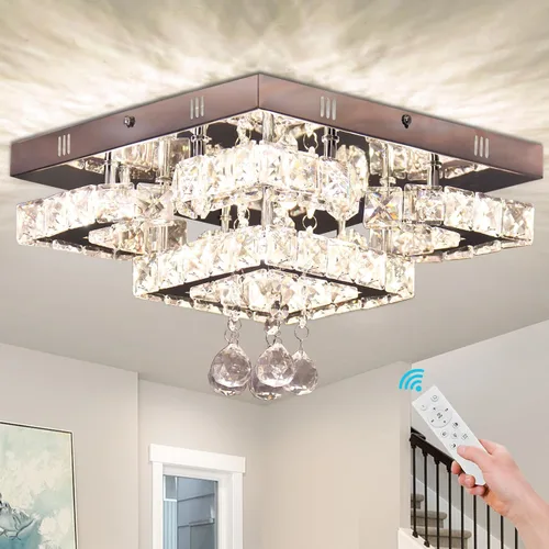 Vista 9 de Lámpara de techo LED moderna de 15.7 pulgadas, lámpara de araña de cristal de montaje empotrado, lámpara moderna con forma de luna redonda para sala