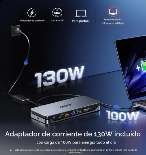 Vista 5 de Acer 16-in-1 DisplayLink Docking Station,Triple 4K@60Hz,130W Power Adapter
