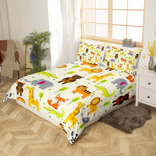 Vista 2 de Erosebridal Juego de ropa de cama individual de animales de la selva para niñas y niños, funda de edredón de elefante oso, tigre, león, safari