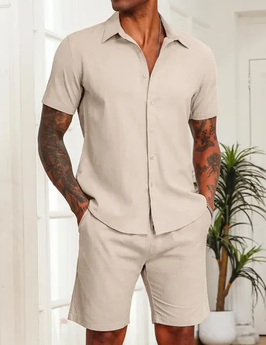 Vista 18 de COOFANDY Conjunto de 2 piezas de algodón y lino para hombre, camisas de manga corta con botones, pantalones cortos de playa de verano, trajes