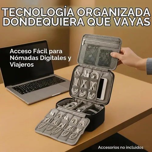 Vista 8 de Funda organizadora de electrónica, apertura plana de múltiples capas con compartimentos y bolsillos, organizador de cables para accesorios, cables