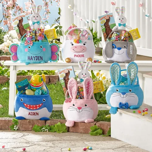 Vista 5 de Let's Make Memories - Canasta de Pascua personalizada con amigos peludos, canasta para niños, diseño de conejito de Pascua azul, solo incluye