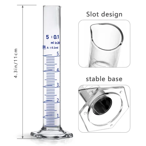 Vista 2 de Cilindro graduado de vidrio grueso para medir líquidos de laboratorio con base hexagonal viene con un gotero de vidrio (vidrio, 5ML)
