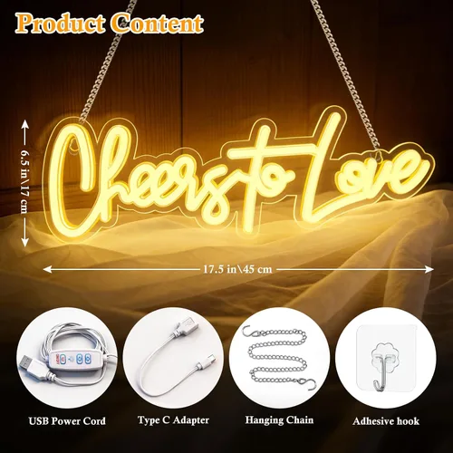 Vista 2 de Letrero de neón grande con texto en inglés "Cheers to Love", letrero de neón con interruptor de atenuación, letrero LED reutilizable para telón
