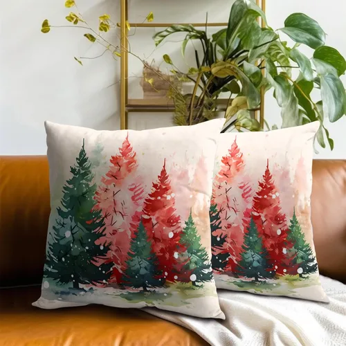 Vista 6 de Fundas de almohada de árbol de Navidad de acuarela, juego de 2 - 18x18 pulgadas, rojo verde, árboles de pino de Navidad, fundas de almohada