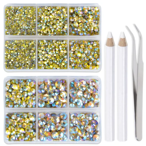 Vista 20 de LPBeads 6400 unidades de diamantes termoadhesivos de 12 colores con parte trasera plana, 5 tamaños mixtos, gemas de cristal redondas con pinzas