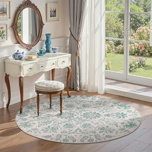 Vista 230 de jinchan Lima - Alfombra simétrica floral geométrica lavable, alfombra de entrada de medio círculo de 2 x 3, alfombra de media luna, suave y Azul