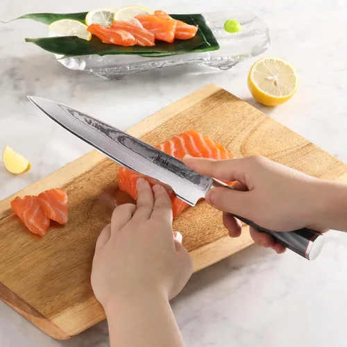 Vista 6 de Cangshan YARI Series 501288 Cuchillo Sashimi de 8 pulgadas con funda, acero de Damasco X-7
