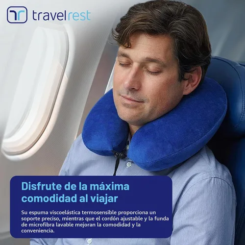Vista 5 de Almohada terapéutica de viaje Travelrest, viscoelástica, de felpa, con cobertura de microfibra lavable, se engancha al equipaje, Memory Foam, Azul