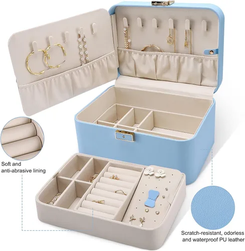 Vista 2 de KAMIER Organizador de aretes, organizador de joyas portátil de piel sintética de 2 capas, gran capacidad, doble cerradura y espejo grande, ganchos