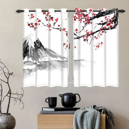 Vista 20 de Cortinas japonesas con pintura de tinta, monte Fuji, sol rojo, puesta de sol, hojas de bambú, cortinas de ventana para dormitorio, sala de estar