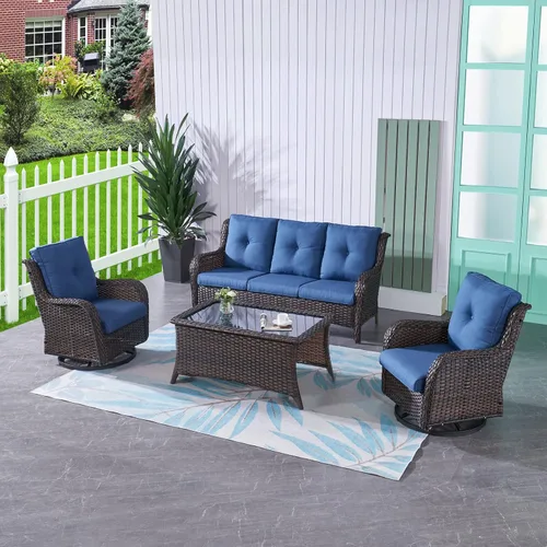 Vista 116 de HUMMUH Juego de 2 Sillas Giratorias Mecedoras de Mimbre para Patio Exterior, Juego de Muebles de Sillas Mecedoras de Ratán (Marrón, Azul) 50,000