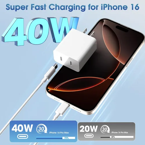 Vista 4 de Cargador para iPhone 17 Pro Max de carga rápida, 40 W Dual USB C Bloque de carga rápida con cable de carga tipo C de 6 pies para iPhone 17/17 Pro/17