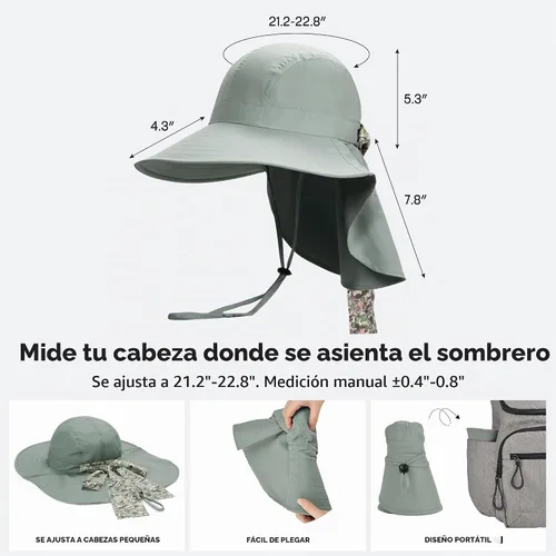 Vista 4 de Solaris UPF 50+ Gorro de ala ancha para mujer - Tamaño pequeño, ligero y plegable, gorro floral refrescante con solapa para el cuello #1 Gris