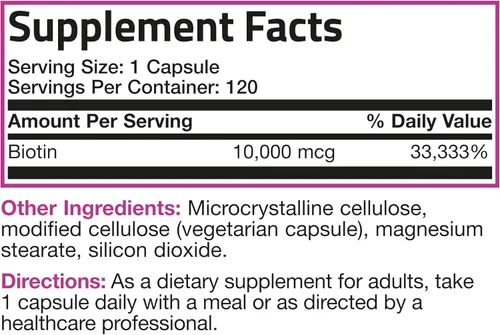 Vista 8 de Bronson Ultra Biotina 10,000 Mcg Suplemento para Cabello, Piel y Uñas, Sin GMO, 120 Cápsulas Vegetarianas Una vez al día, apoyo al metabolismo