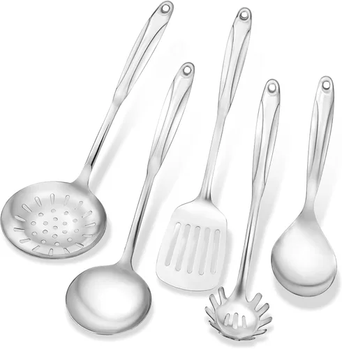 Vista 5 de Cucharón de acero inoxidable, utensilio de cocina duradero, elegante cucharón inoxidable de diseño de una sola pieza, mango cómodo para guiso, chile