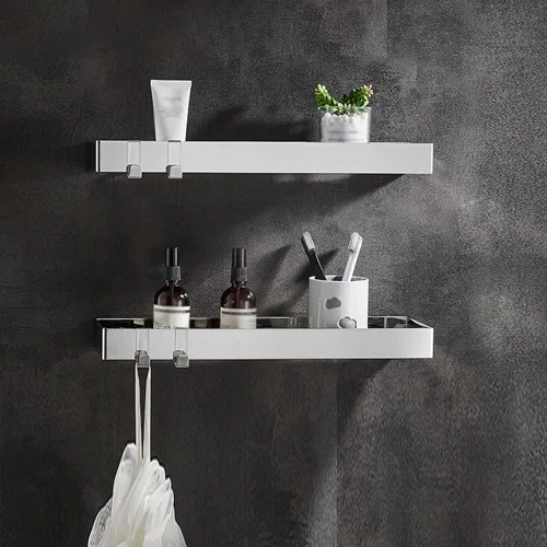 Vista 13 de Wallmounted Bathroom Shelf Floating Organizer with Hooks for Toiletries & Cosmetics 2Tier Black Rectangular Storage Rack for Shower & Kitchen