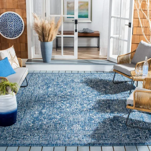 Vista 60 de SAFAVIEH Alfombra lavable al aire libre, colección Courtyard - 2'3" x 5', azul aguamarina y gris, no desprende pelusa y fácil limpieza, ideal
