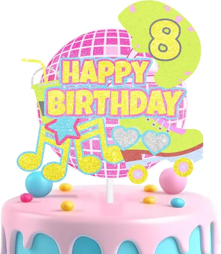 Vista 11 de Decoración retro de pastel de patinaje sobre ruedas para niñas, temática de discoteca de décimo cumpleaños, decoración de notas musicales, fiesta