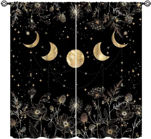Vista 22 de Cortinas retro de luna, bosque mágico con hojas iluminadas por la luna, cortinas de plantas, diseño gótico floral de cielo estrellado para ventana