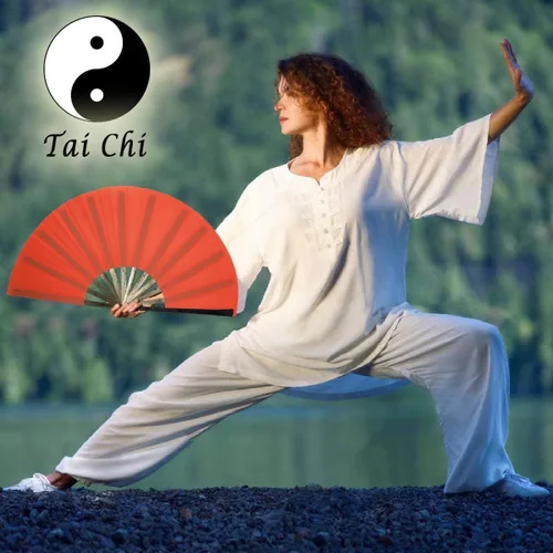 Vista 2 de OMyTea Abanicos de mano plegables grandes para hombres y mujeres, ventiladores de mano chinos japoneses de Kung Fu Tai Chi - para EDM, festival