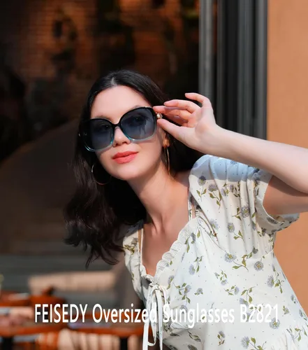 Vista 2 de FEISEDY Gafas de sol de moda para mujer, marco cuadrado de gran tamaño con perlas brillantes, protección UV polarizada B2821