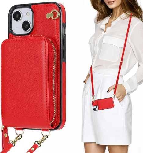 Vista 9 de KIHUWEY - Funda tipo cartera cruzada para iPhone 14/13, color negro Funda protectora duradera de piel sintética, bloqueo RFID con bolsillo