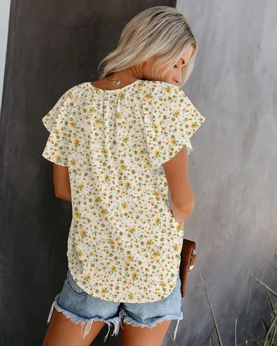 Vista 3 de SimpleFun Blusa de verano de manga corta con cuello en V floral para mujer
