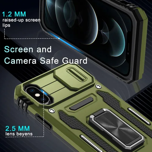 Vista 285 de DEERLAMN Funda para iPhone Xs Max con funda deslizante para cámara + protector de pantalla, soporte giratorio de anillo de grado militar a prueba
