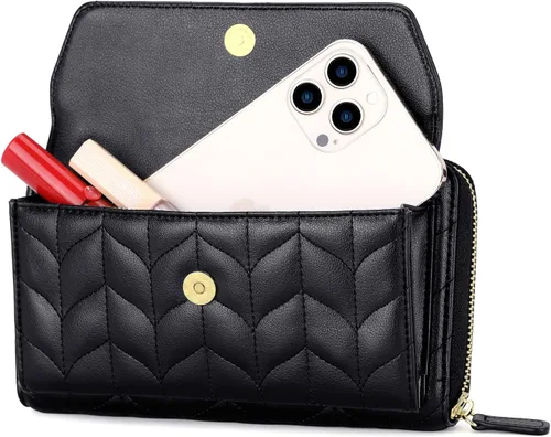 Vista 6 de nuoku Cartera RFID para mujer, bolso cruzado con cremallera alrededor de 2 correas