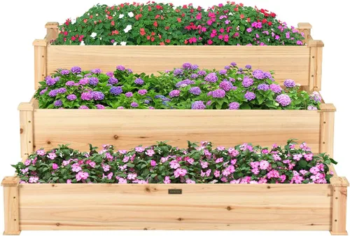 Vista 7 de Giantex Cama de jardín elevada de 3 niveles, maceta para exteriores, caja de cultivo de flores vegetales, kit de cama elevada elevada, contenedor