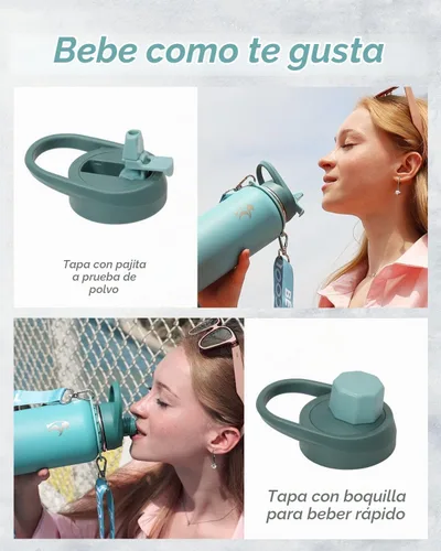 Vista 4 de Botella de agua Coolflask de 40 onzas con correa, botella de agua metálica aislada con popote y tapas con pico, acero inoxidable de doble pared al
