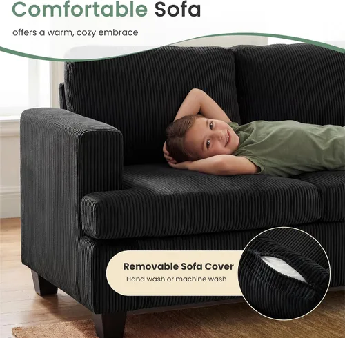Vista 5 de Fiona's magic Juego de sofá de 4 plazas, 2 piezas, cómodo sofá biplaza con asientos profundos para sala de estar, sofá cama moderno, pana negra