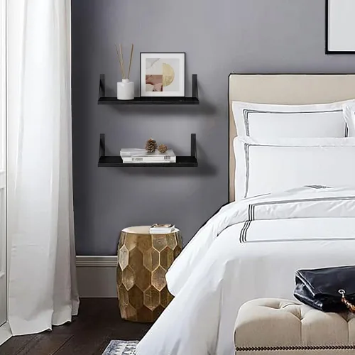 Vista 7 de Forbena Juego de 3 estantes flotantes negros para baño, estantes de madera para libros, estante rústico para almacenamiento, organizador de baño
