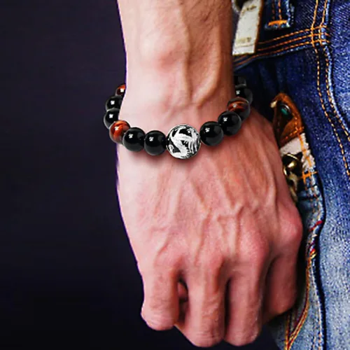 Vista 7 de Merdia - Pulsera elástica para hombre, diseño de ojo de tigre con cuentas de dragón y rey (plateado y amarillo)