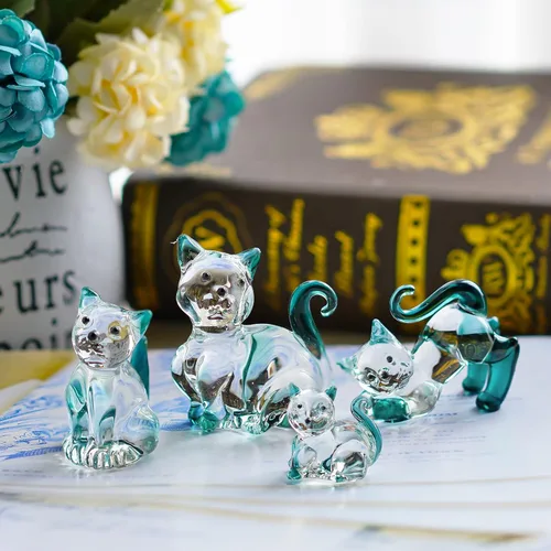 Vista 3 de HDCRYSTALGIFTS Figuras de Gatos de Cristal Soplado de 2 pulgadas Coleccionables Paquete de 4 Estatua de Animal Gatito de Cristal Verde Esmeralda