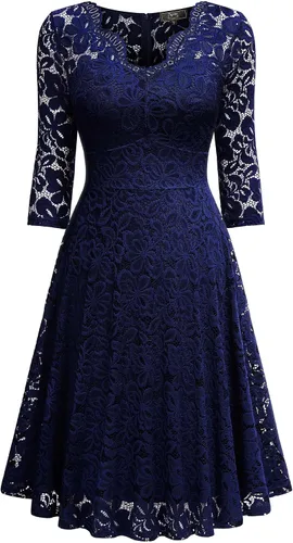 Vista 3 de MISSMAY Vestido de fiesta de dama de honor con mangas 34 y encaje floral vintage para mujer