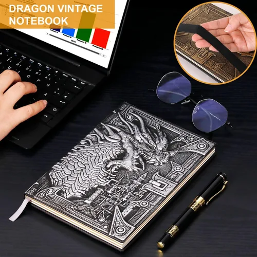 Vista 6 de DND Cuaderno de Dragón Diario de Cuero en Relieve 3D A5 Diario de Viaje Vintage con Bolígrafo y Funda para Bolígrafo, D&D Diario Diario Hecho a Mano