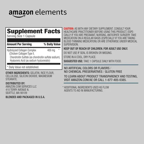 Vista 2 de Amazon Elements Complejo de colágeno, tipo II con ácido hialurónico, 90 cápsulas, suministro para 3 meses