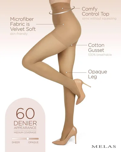 Vista 3 de Melas Medias superiores de control, 60 denier, opacas, nailon, elastano, control de abdomen, medias para mujer, tallas S - Q2 Bambi