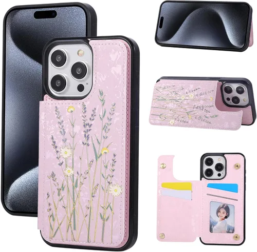 Vista 28 de UEEBAI Funda tipo cartera para iPhone 13 con tarjeteros, piel sintética, diseño floral, función atril, bloqueo RFID, doble cierre magnético, funda