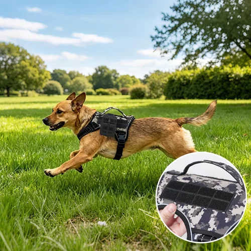 Vista 4 de Arnés táctico para perros pequeños, chaleco de servicio militar con asa y Molle, arnés ajustable reflectante resistente para entrenamiento, caminar