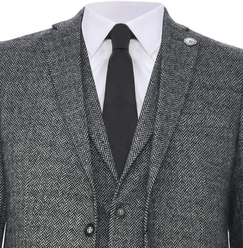 Vista 5 de Traje de tweed clásico de 3 piezas de espiga de espiga gris para hombre