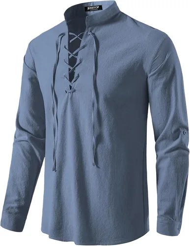 Vista 72 de JEMITOP Men's Pure Cotton Renaissance Lace Up Shirt Verde militar